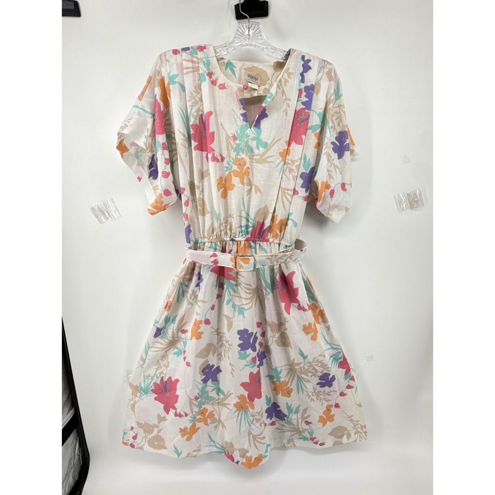 Vintage Luci Fellini La Milan NY Floral Belted Midi Dress Made in USA Sz S/M